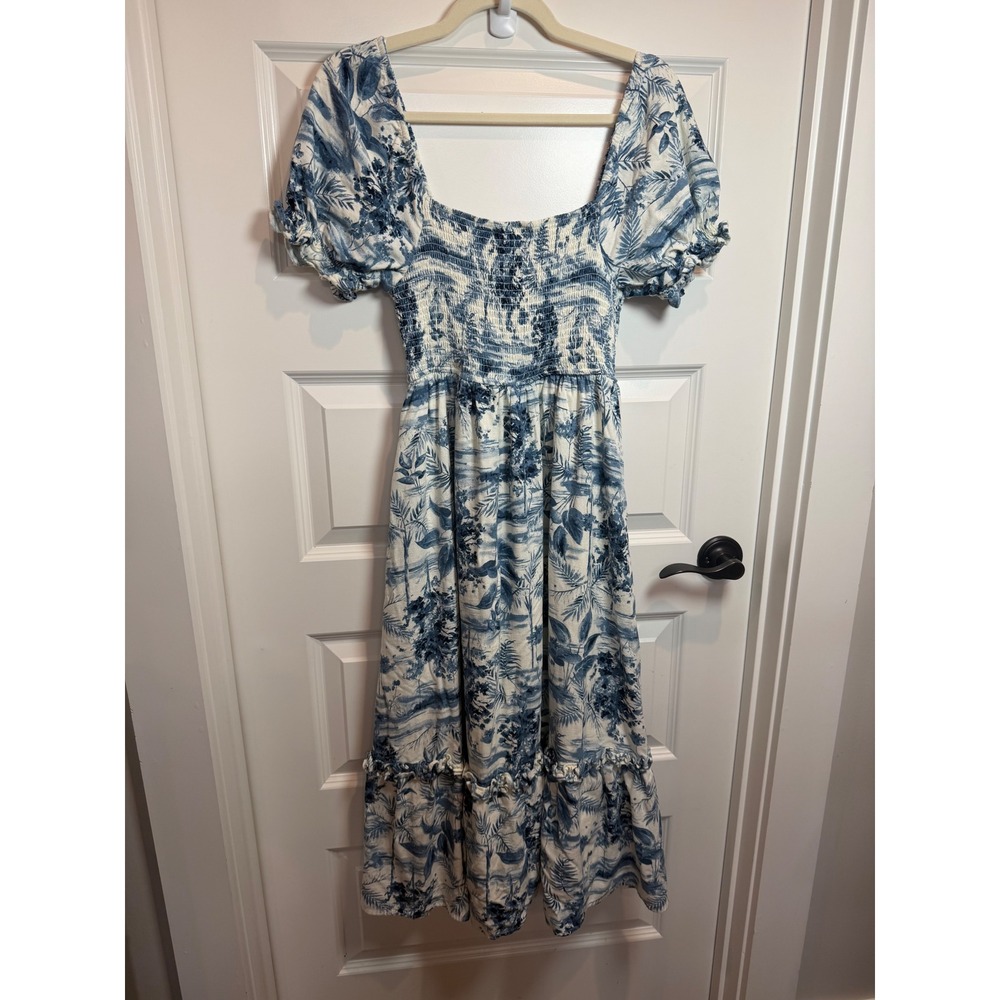 By the River Blue White Toile Smocked Midi Dress OR1995 Small Linen Blend Puff